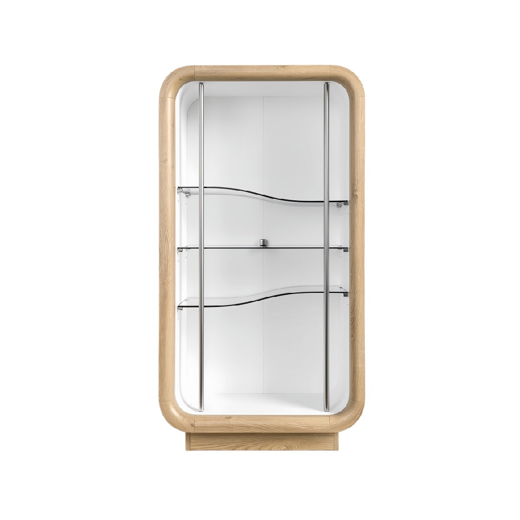 Modern Glass Display Cabinet with Curved Shelves and Wooden Frame