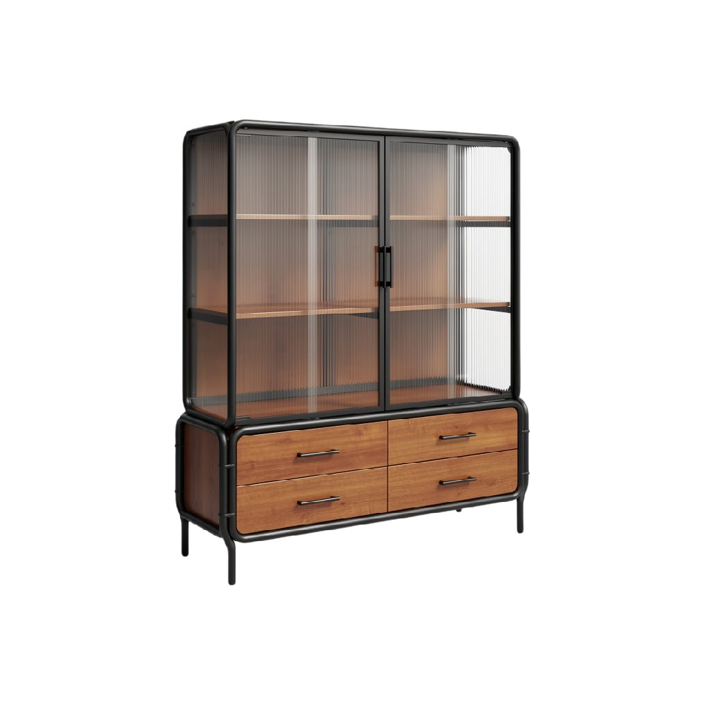 Modern Industrial Glass Display Cabinet with Wooden Drawers and Metal Frame